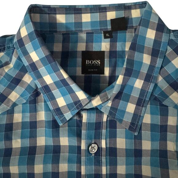 Hugo Boss Mens Slim Fit Blue & White Checked Shirt XL - Picture 2 of 8